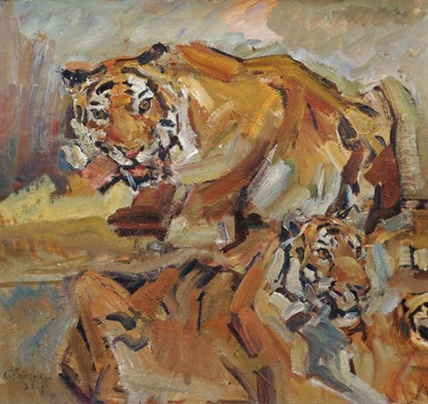 3 Tiger Oil Painting by Carl Fahringer