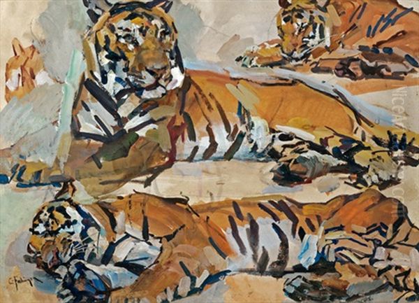 3 Tiger Oil Painting by Carl Fahringer