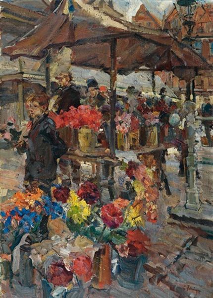 Blumenmarkt In Delft Oil Painting by Carl Fahringer