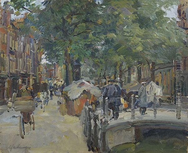 Strasenszene In Delft Oil Painting by Carl Fahringer