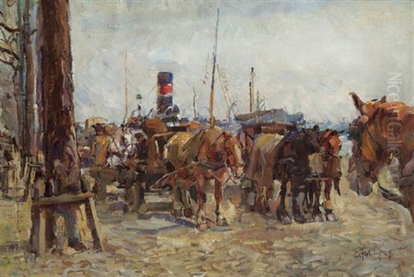 Pferdefuhrwerke Am Hafen by Carl Fahringer