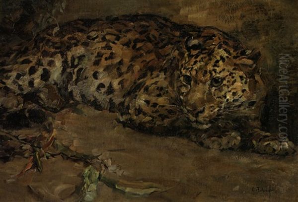 Liegender Leopard Oil Painting by Carl Fahringer