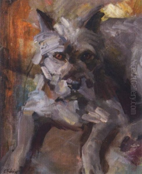 Ein Wachsamer Hund (schnauzer) Oil Painting by Carl Fahringer