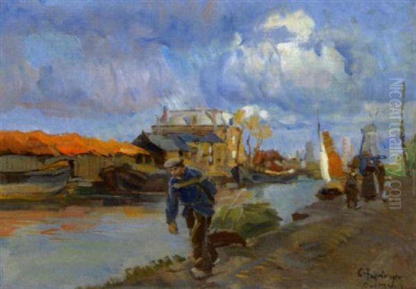 An Einem Kanal In Holland Oil Painting by Carl Fahringer