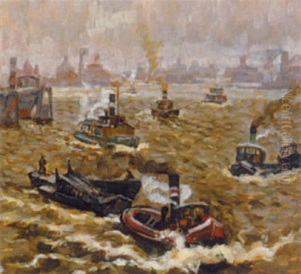 Dampschiffe Im Hafen Oil Painting by Carl Fahringer