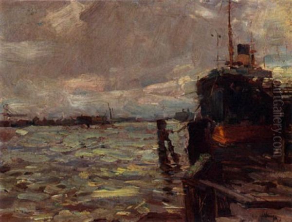 A View Of A Harbour Oil Painting by Carl Fahringer