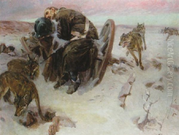 Soldat Och Vargflock, Vinter Oil Painting by Carl Fahringer