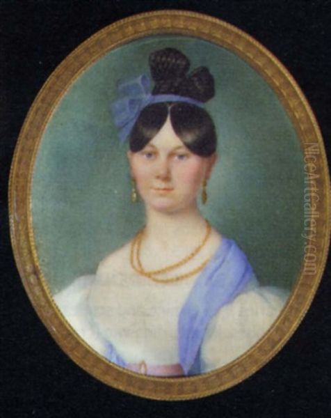 A Young Lady In A White Dress With A Pink Belt, A Blue Stole Over Her Shoulder, Gold Necklaces And Earrings, A Blue Ribbon In Her Hair Oil Painting by Franz (Xaver) Fahrlander