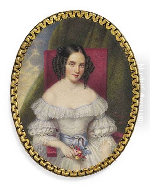 Miss Faija, The Artist's Sister, In Lace-bordered Decollete White Dress Trimmed With Blue Ribbon, Blue Sash Tied Around Waist, Seated In A Red Upholstered Chair And Holding A Bouquet Of Flowers Oil Painting by Guglielmo Faija