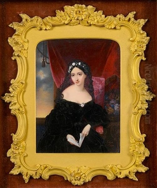 A Lady, Seated On An Upholstered Chair, Wearing Black Dress, Pink Rose At Her Corsage, Black Lace Veil And Wreath Of White Roses In Her Black Hair Oil Painting by Guglielmo Faija