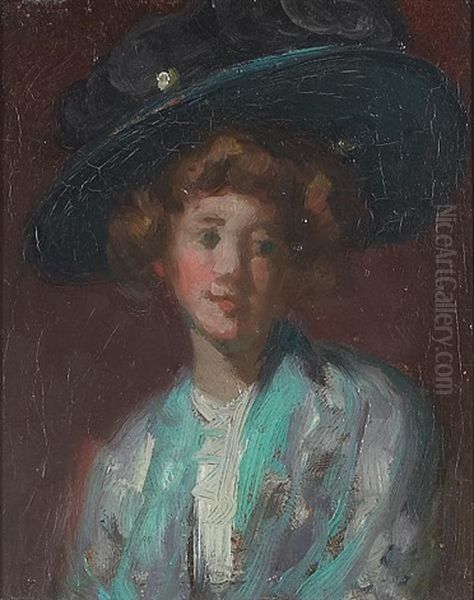 A Portrait Of A Woman In A Blue Hat Oil Painting by Mary Louise Fairchild