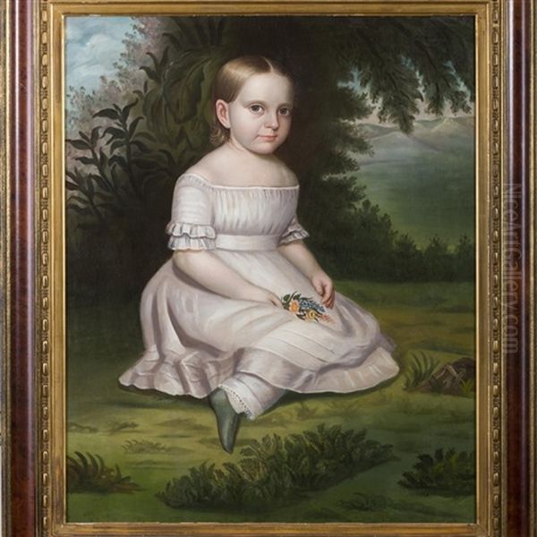 Young Girl In A White Dress And Pantaloons Holding A Handful Of Posies And Seated In A Landscape Oil Painting by Hannah Fairfield