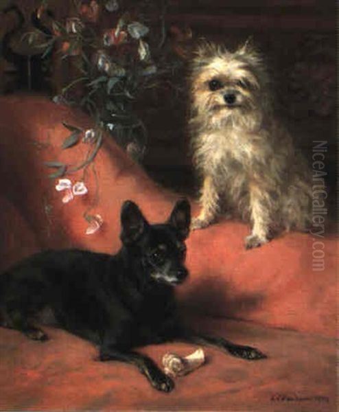 An English Toy Terrier And An Affenpincher Oil Painting by Frances C. Fairman