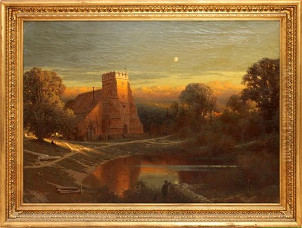 A Castle Over Pond At Sunrise Oil Painting by James Fairman