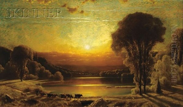 Cows Along The Riverbank At Sunset Oil Painting by James Fairman