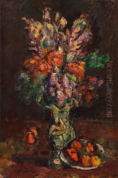 Flower Still Life - Flowers And Apples Oil Painting by Anton Faistauer