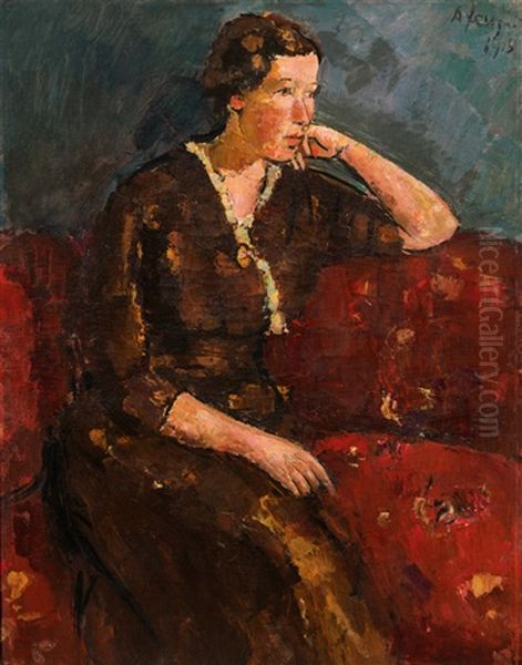 Young Woman In A Red Dress On A Red Couch (portrait Of Ida, The Artist's Wife) Oil Painting by Anton Faistauer