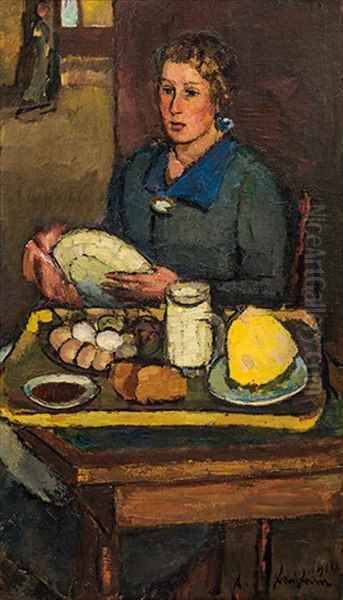 Sitting Woman With Kitchen Still Life (ida) Oil Painting by Anton Faistauer