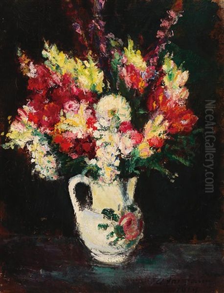 Bouquet In Bellied Jug Oil Painting by Anton Faistauer