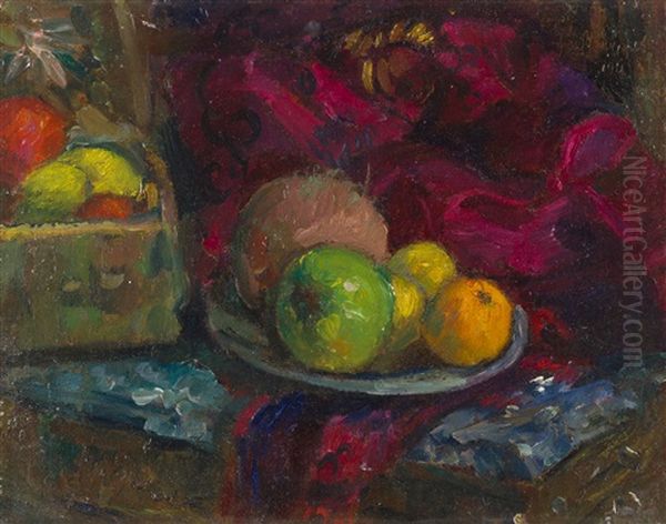 Obststillleben Mit Rotem Tuch Oil Painting by Anton Faistauer