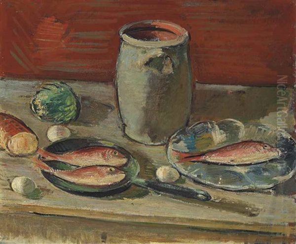 Stilleben Mit Fischen Und Steinkrug Oil Painting by Anton Faistauer