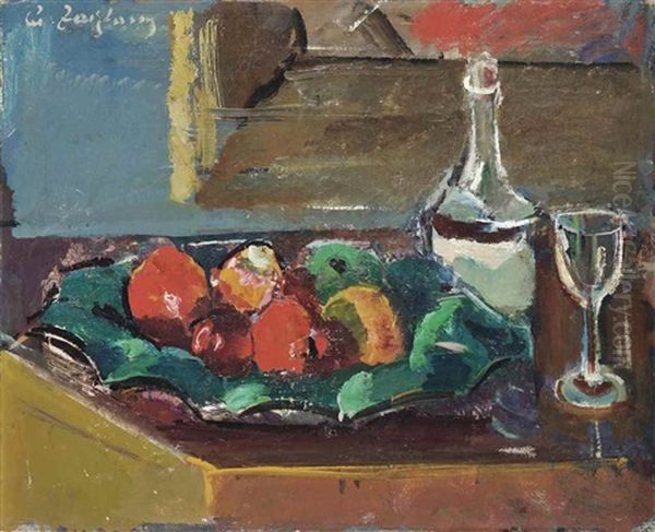 Obststilleben Mit Flasche Und Glas Oil Painting by Anton Faistauer