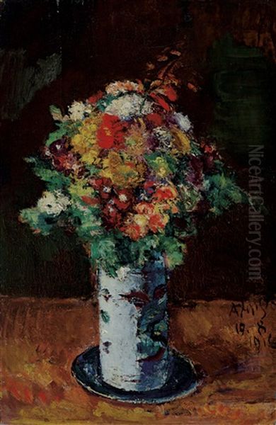 Blumenstraus In Walzenkrug Auf Teller Oil Painting by Anton Faistauer