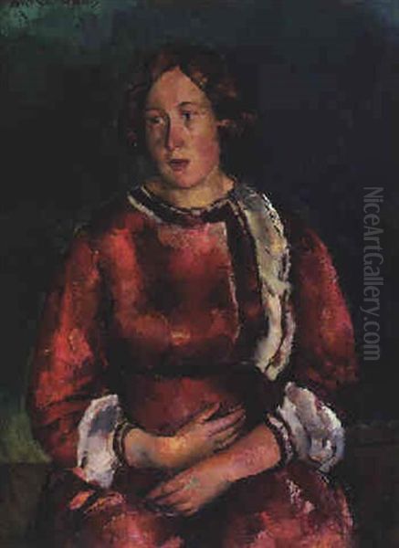 Junge Frau In Rot Oil Painting by Anton Faistauer