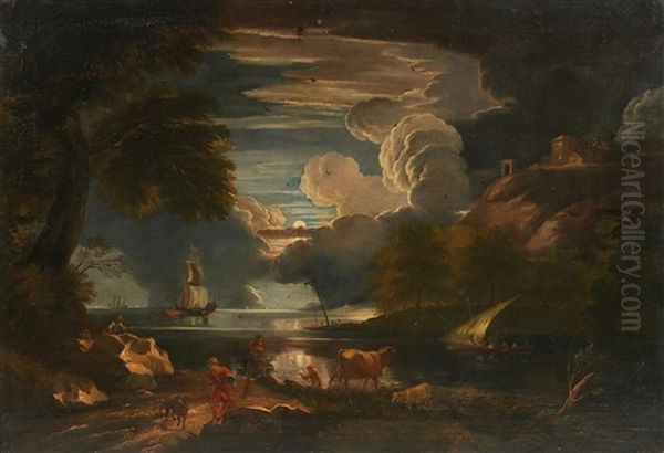 Nachtliche Kustenlandschaft Oil Painting by Andreas Faistenberger the Younger