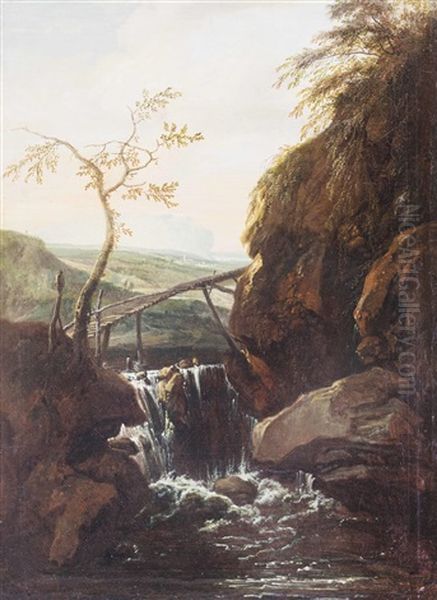 Heroische Felsenlandschaft Mit Wasserfall Und Ausblick Oil Painting by Anton Faistenberger