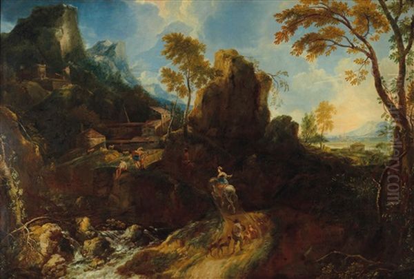 Southern Landscape With A Hunting Party Oil Painting by Anton Faistenberger