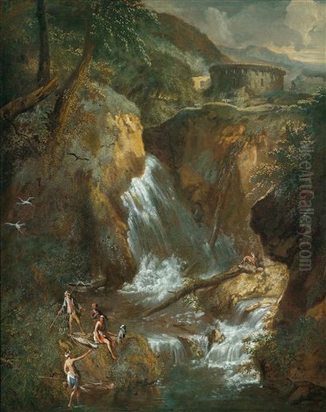 Felsschlucht Mit Einem Wasserfall Und Fischern Oil Painting by Anton Faistenberger