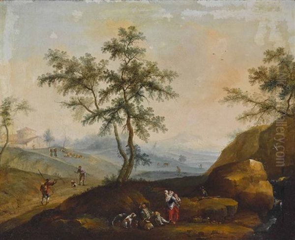 Sudliche Landschaft Mit Rastenden Jagern Und Bauern Oil Painting by Anton Faistenberger