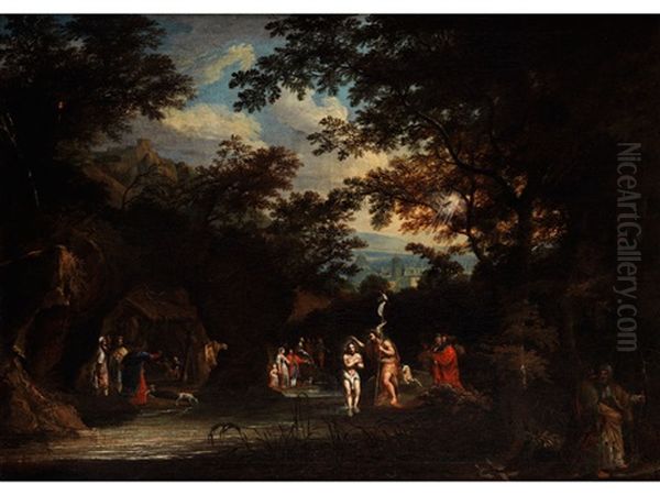 Taufe Christi In Grosser Baumlandschaft Oil Painting by Anton Faistenberger