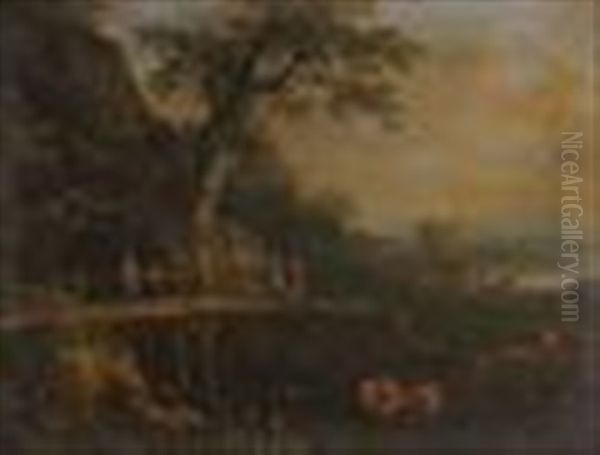 Country Landscape With Cows Oil Painting by Anton Faistenberger