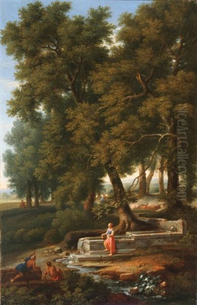 Figures In A Classical Landscape (+ Another; Pair) Oil Painting by Anton Faistenberger