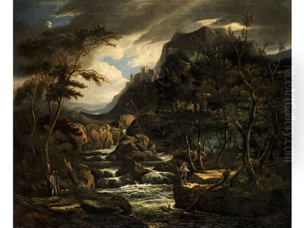 Felsige Landschaft Mit Kaskaden, Herabfliessendem Bachlauf Zwischen Felsen Mit Anglern Und Schafern Im Vordergrund Oil Painting by Anton Faistenberger