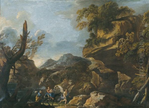 Gebirgslandschaft Mit Der Flucht Nach Agypten Oil Painting by Anton Faistenberger