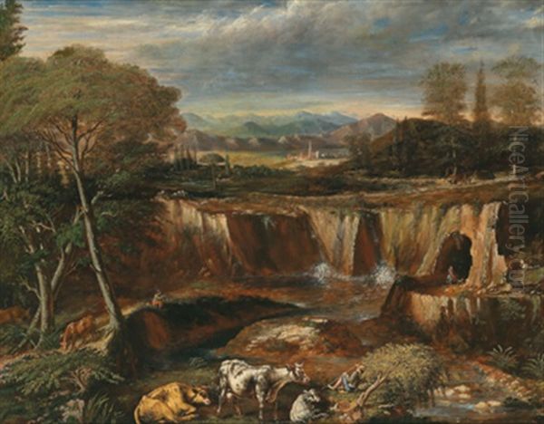 Blick Auf Tivoli Mit Den Wasserfallen Des Aniene (anio) Oil Painting by Anton Faistenberger