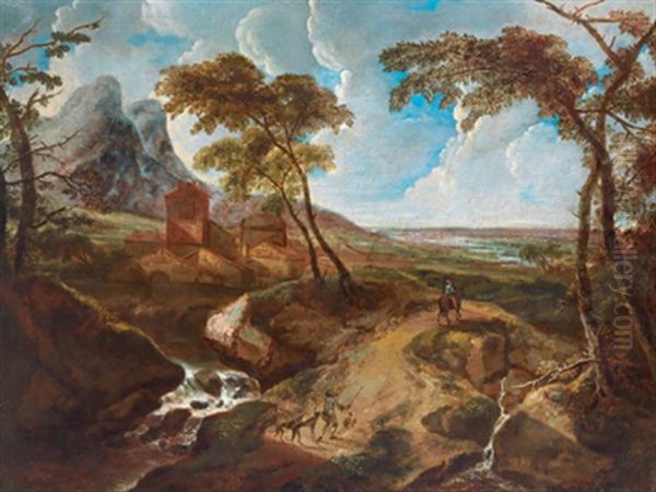 Sudliche Gebirgige Flusslandschaft Mit Einem Reisenden Und Einem Reiter Oil Painting by Anton Faistenberger