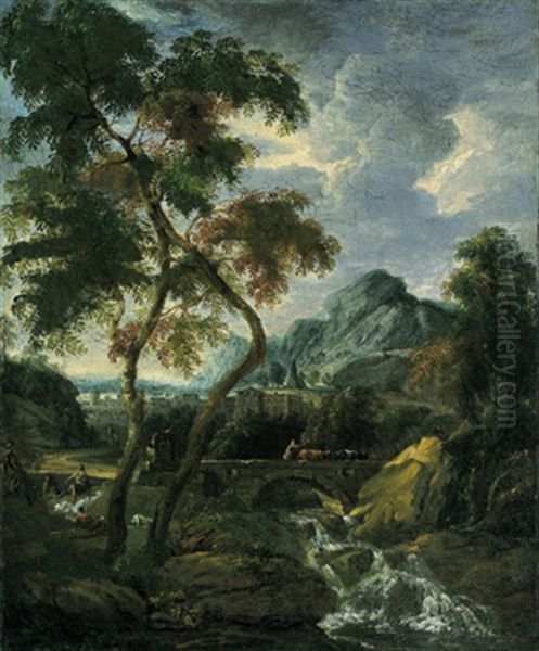 Gebirgige Landschaft Mit Einer Steinernen Bogenbrucke Uber Einem Sturzbach Oil Painting by Anton Faistenberger