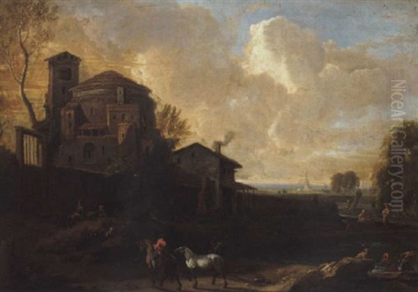 An Italianate Landscape With Bathers Before A Village And Horsemen On A Track Oil Painting by Anton Faistenberger