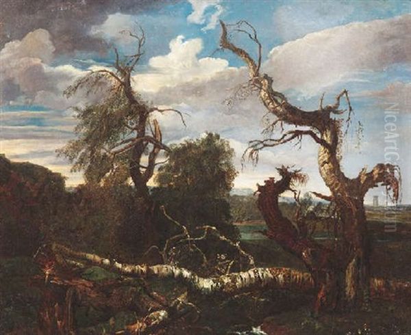 Nach Dem Gewitter. Umgesturzte Und Zerkluftete Baume In Weiter Sommerlicher Landschaft Oil Painting by Anton Faistenberger