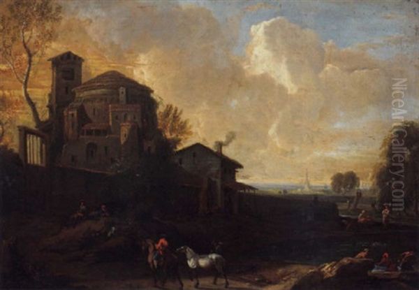 An Italianate Landscape With Bathers Before A Village And Horsemen On A Track Oil Painting by Anton Faistenberger