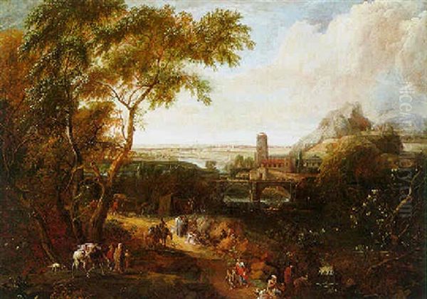 Weite Gebirgige Fluslandschaft Mit Einem Kloster In Hintergrund Und Lagernden Zigeunern Oil Painting by Anton Faistenberger