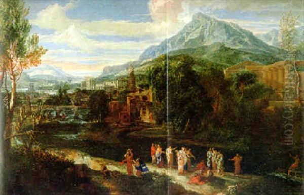 Blick Auf Eine Stadt Und Einen Antiken Tempel, Im Vordergrund Die Auffindung Des Mosesknaben Oil Painting by Anton Faistenberger