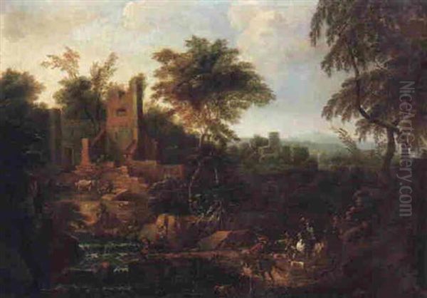 An Italianate Landscape With Huntsmen On Horseback And Hounds, Fishermen And A Rider Oil Painting by Anton Faistenberger