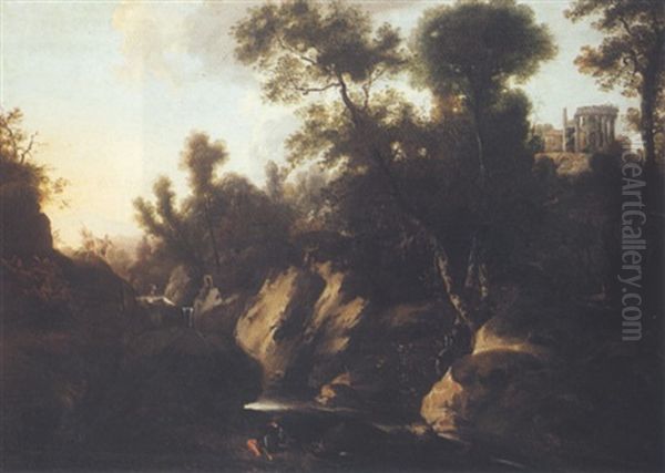 Wooded Landscape With Soldiers Fighting Beside A Rocky Torrent Oil Painting by Anton Faistenberger