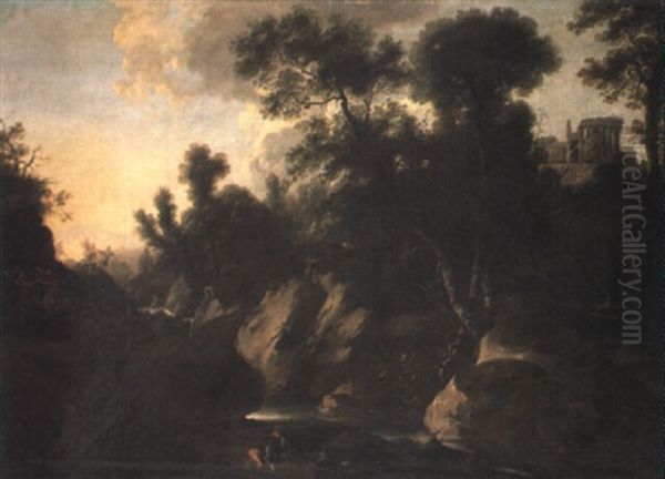 Wooded Landscape With Soldiers Fighting Beside A Rocky Torrent Oil Painting by Anton Faistenberger