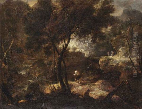 An Extensive River Landscape With Travellers Oil Painting by Joseph Franz Faistenberger